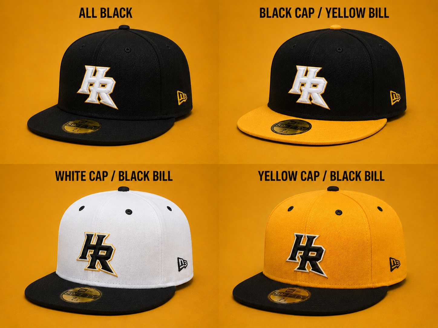 Four Hit N Run fitted hat selections: all black, black with gold bill, white with black bill, and gold with black bill