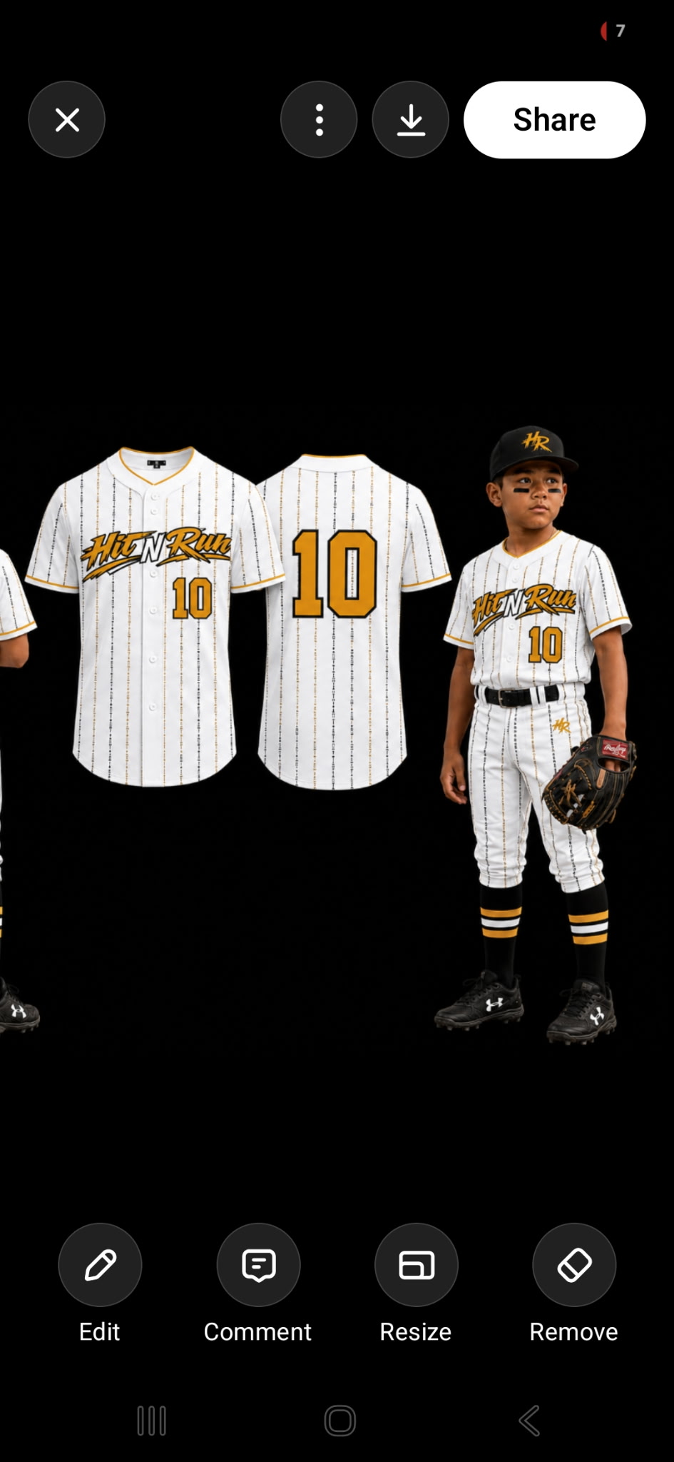 White Hit N Run pinstripe youth game uniform with black and gold trim